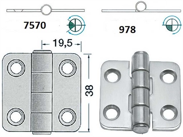 Cerniera 38 x 39 x 2 mm. Nodo mezzo incasso 