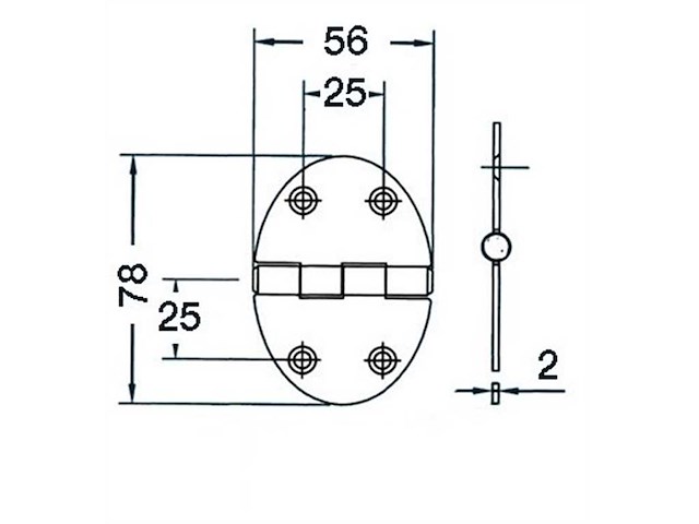 Cerniera 56 x 78 x 2 mm. Nodo mezzo incasso