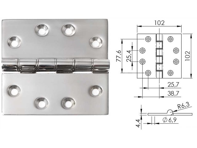 Cerniera in microfusione 102 x 102 x 4 mm.