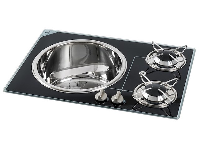 Piano in cristallo a 2 fuochi con lavello in Acciaio Inox