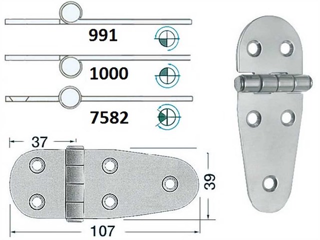 Cerniera 107 x 39 x 2 mm. Nodo Sporgente