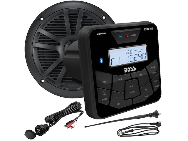 Boss Marine MGR450B Stereo nautico quadrato con Cavo Usb/Aux MUSB35 antenna MRANT12 e casse MR6B